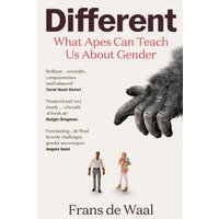 "Book 'Different' by Frans de Waal, cover with ape's hand, small human figures, and red title text"