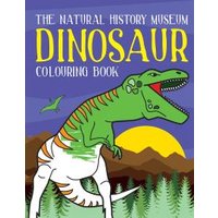Dinosaur Colouring Book with green T-Rex, purple sky, yellow sun, and forest background.