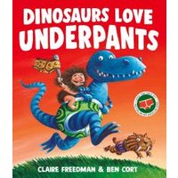 Children's book "Dinosaurs Love Underpants" with a blue dinosaur and a caveman on a red background.
