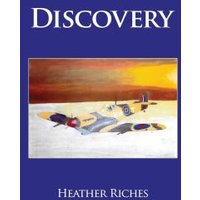 "Blue book cover 'Discovery' with abstract painting of planes on a sunset background by Heather Riches"