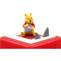 Winnie the Pooh figurine on red speaker box, holding a purple pot, with two gray triangular buttons.