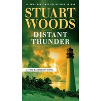 "Distant Thunder" novel by Stuart Woods, green cover with lighthouse and stormy sky, part of Stone Barrington series.