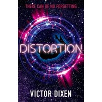 "Distortion" book cover with neon title, cosmic background, and silhouette of a falling figure.