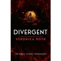 "Divergent" book by Veronica Roth with fiery emblem on black cover, red and white text, labeled as iconic global phenomenon.