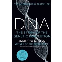 Black book cover titled "DNA" with double helix image, by James Watson, labeled as an international bestseller.