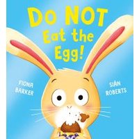 Children's book "Do Not Eat the Egg!" with a cartoon bunny holding a chocolate egg against a blue background.