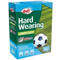 Doff Hard Wearing Lawn Seed 500G box with soccer ball graphic and green lawn background.