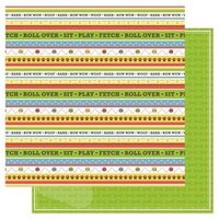 Double-sided scrapbook paper with colorful stripes, dog commands, and green paw print pattern on the reverse side.