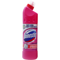Pink Domestos bleach bottle, 750ml, with angled spout, blue and red logo, labeled "Pink Power" and "3x Cleaning Power."