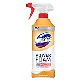 Domestos Power Foam Citrus Blast cleaner, orange bottle, red spray nozzle, 450 ml, eliminates 99.99% of germs.