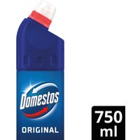Domestos Thick Bleach Original 750 ml, blue bottle with angled red and white cap, bold logo on front.