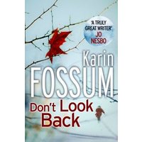 Book cover for "Don't Look Back" by Karin Fossum, featuring a red leaf on a branch and a distant figure in snow.