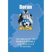 Blue book cover titled "Doran" featuring a family crest with a shield, stars, and lion, set against a map background.