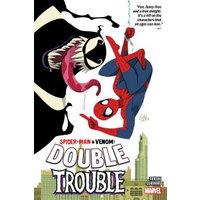 "Spider-Man and Venom comic cover with city skyline, Spider-Man hanging upside down, Venom's tongue extended"