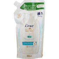 Dove Care and Protect handwash 500ml in a white eco-refill pouch with green accents and a spout.