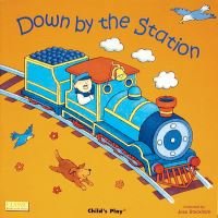 "Children's book 'Down by the Station' with blue train, conductor, orange background, and playful animals"