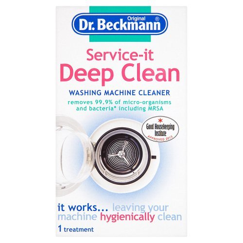 White and pink packaging for Dr Beckmann Service It Deep Clean, featuring a clear window showing a metal washing machine filter, emphasizing its cleaning effectiveness against bacteria.