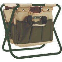 Foldable green and beige Draper tool bag with seat, featuring multiple pockets and sturdy metal frame.