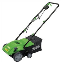 Green Draper lawn aerator/scarifier with black handle, large rear wheels, and grass collection bag.