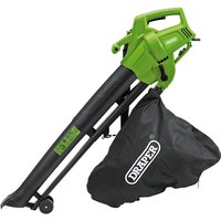 Green and black Draper garden vacuum, blower, and mulcher with collection bag and wheeled nozzle.