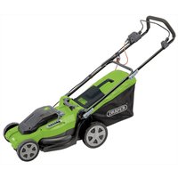 Green Draper 230V lawn mower with 400mm cutting width, black handle, and rear grass collection bag.
