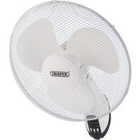 White Draper oscillating wall fan with 16" blades, mesh grille, and remote control panel on base.