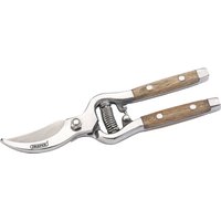 Draper bypass secateurs with curved blade, silver metal body, and ash wood handles, 210mm length.