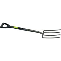 Black carbon steel garden fork with four tines and a D-shaped handle, featuring a green label on the shaft.