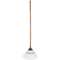 Carbon steel lawn rake with wide fan-shaped head and long ash wood handle.