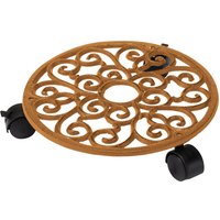 Round brown cast iron plant caddy with ornate scroll design and four black caster wheels.