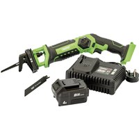 Green and black Draper D20 20V pruning saw with 4.0Ah battery and fast charger, includes extra blade.