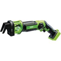 Green and black Draper D20 20V cordless pruning saw with ergonomic handle and blade guard, sold without battery.