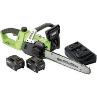 Green Draper D20 40V chainsaw with two 4.0Ah batteries and a black fast charger.