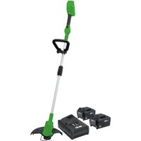 Green and black Draper D20 40V grass trimmer with two 5.0Ah batteries and a fast charger.