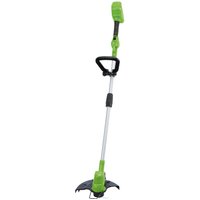 Green Draper D20 40V grass trimmer with black handle, adjustable shaft, and protective guard over cutting area.
