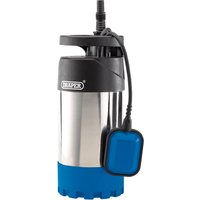 Draper submersible well pump, silver and blue with black top, attached float switch, 1000W, 91L/min capacity.