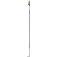 Stainless steel patio weeder with long ash handle, featuring a narrow hooked blade for precision weeding.
