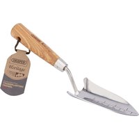 Stainless steel transplanting trowel with engraved ash handle and measurement markings on blade.