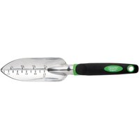 Aluminium garden transplanting trowel with black and green handle, marked measurements on the blade.