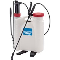 White Draper Expert 12L knapsack pressure sprayer with red caps, black pump handle, and adjustable spray wand.