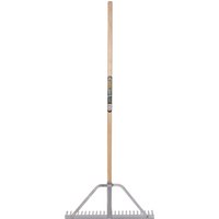 Draper Expert landscaping rake with long ash shaft and wide metal head with evenly spaced tines.