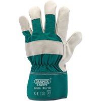 Green and beige leather gardening gloves with elastic wrist, labeled "Draper Expert XL/10" on the cuff.