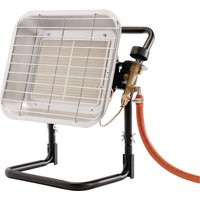 Draper free-standing propane space heater with metal grill, black frame, and orange hose, 15,354 BTU/4.5kW.
