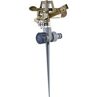 Bronze Draper GWIS Impulse Sprinkler with adjustable spray head and gray spike base for garden irrigation.