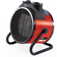 Red Draper PTC electric space heater, cylindrical with black mesh front and sturdy black stand.