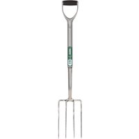 Stainless steel garden fork with four tines and a soft grip handle, featuring a green Draper logo on the shaft.
