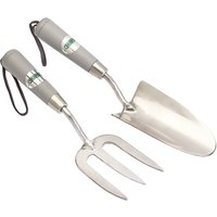 Stainless steel hand fork and trowel set with gray handles and hanging loops.