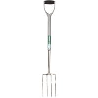 Stainless steel border fork with soft grip handle and four sharp tines, featuring a green Draper logo on the shaft.