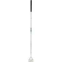 Stainless steel Dutch hoe with soft grip black handle and flat blade for gardening.