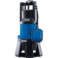 Blue and black Draper submersible dirty water pump with float switch, sturdy base, and top handle.
